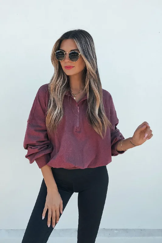 Soft Brushed Quarter Zip Pullover - Wine