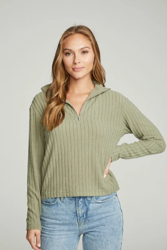 Zip Up Mock Neck Long Sleeve Pullover