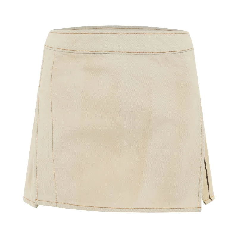 Bull Denim Mini Skirt in Off White/Brown