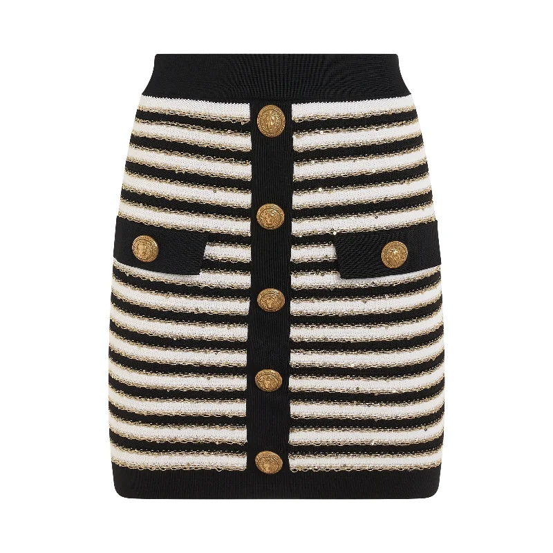 Buttoned Striped Knit Skirt in Black/White/Gold