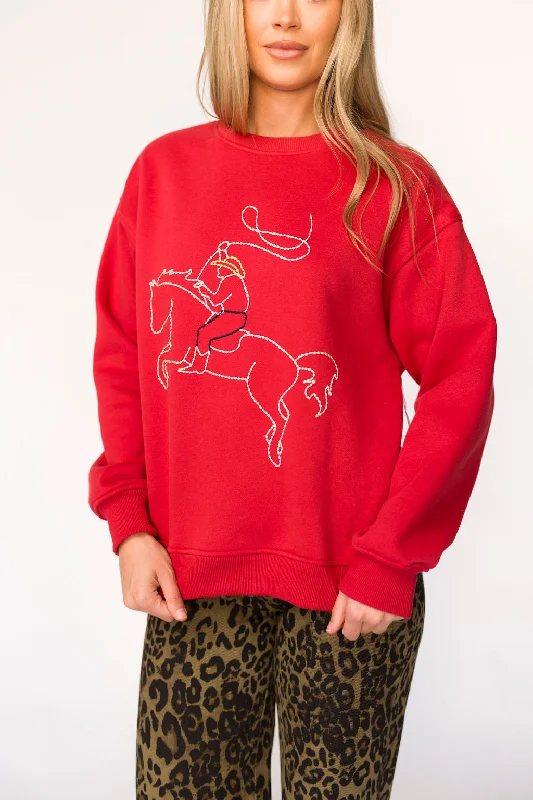 Rodeo Embroidered Pullover in Cherry