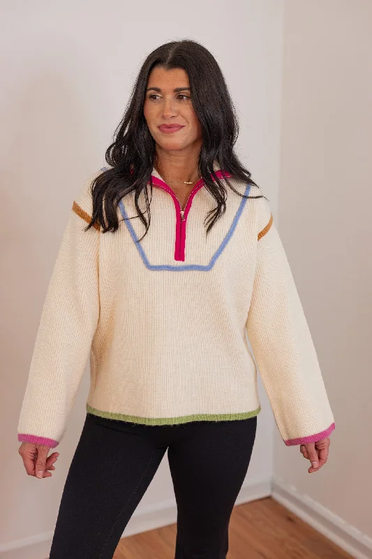 Color Trimmed Delight Ecru Sweater