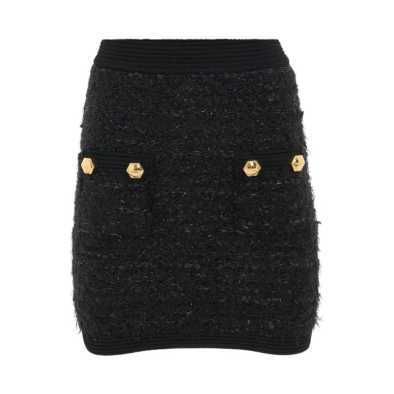 2 Pocket Ribbed Tweed Short Skirt in Black