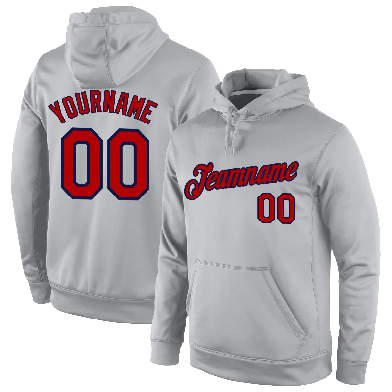 Custom Stitched Gray Red-Navy Sports Pullover Sweatshirt Hoodie