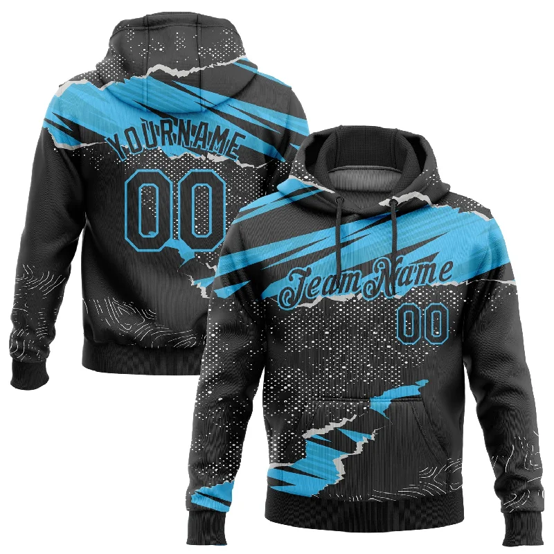 Custom Stitched Black Sky Blue 3D Pattern Design Torn Paper Style Sports Pullover Sweatshirt Hoodie