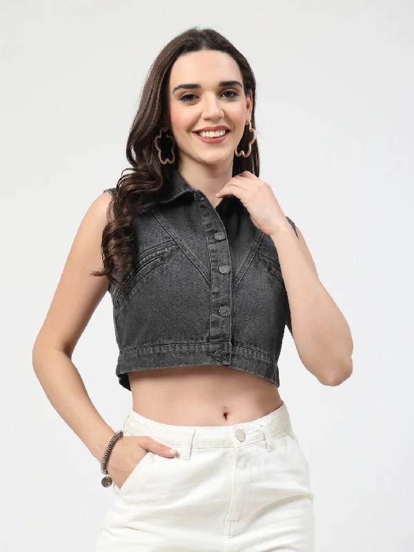 Gray Washed Lightweight Cropped Sleeveless Denim Jacket