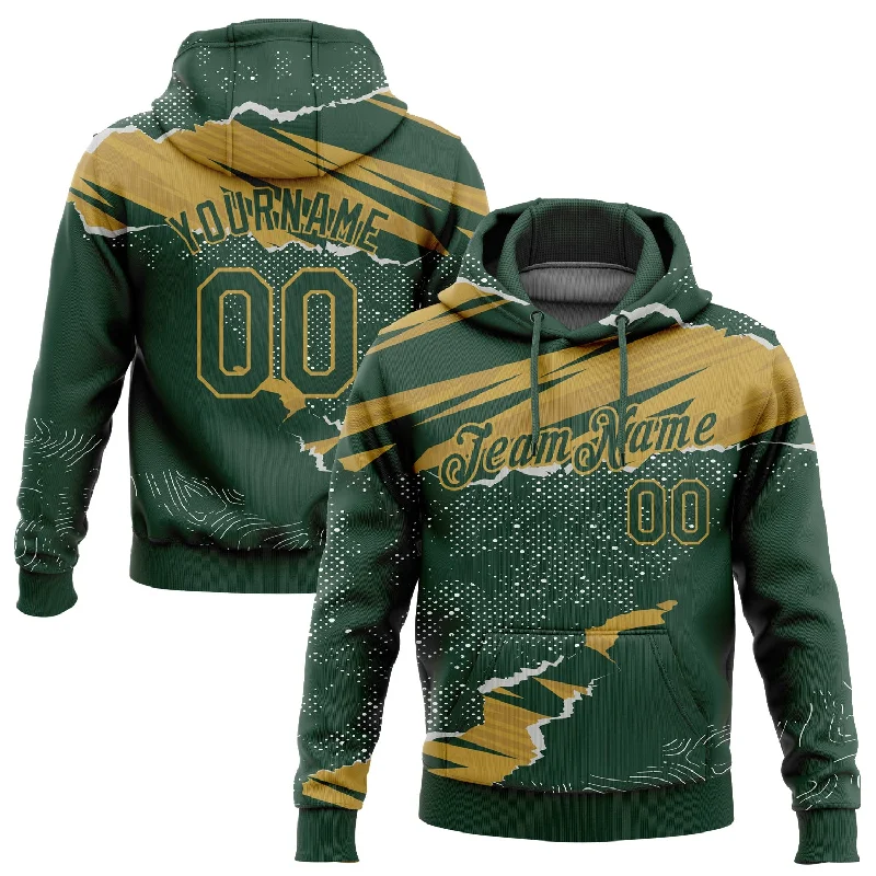 Custom Stitched Green Old Gold 3D Pattern Design Torn Paper Style Sports Pullover Sweatshirt Hoodie