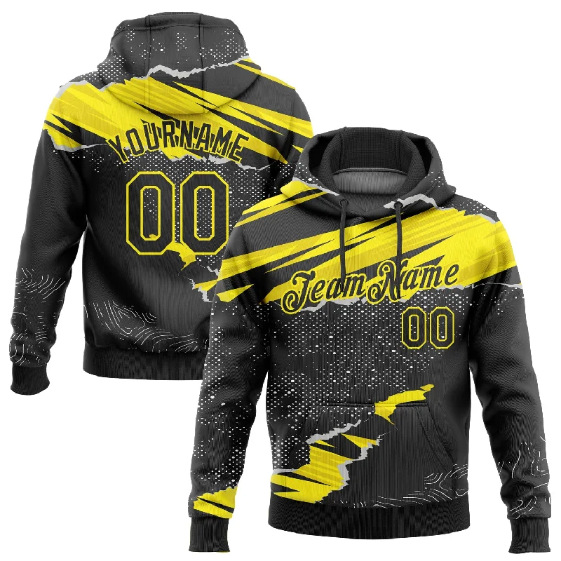 Custom Stitched Black Light Yellow 3D Pattern Design Torn Paper Style Sports Pullover Sweatshirt Hoodie