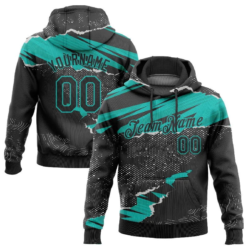 Custom Stitched Black Aqua 3D Pattern Design Torn Paper Style Sports Pullover Sweatshirt Hoodie