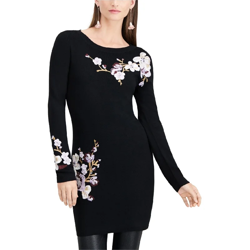 I-N-C Womens Embroidered Sweater Dress, Black, Large