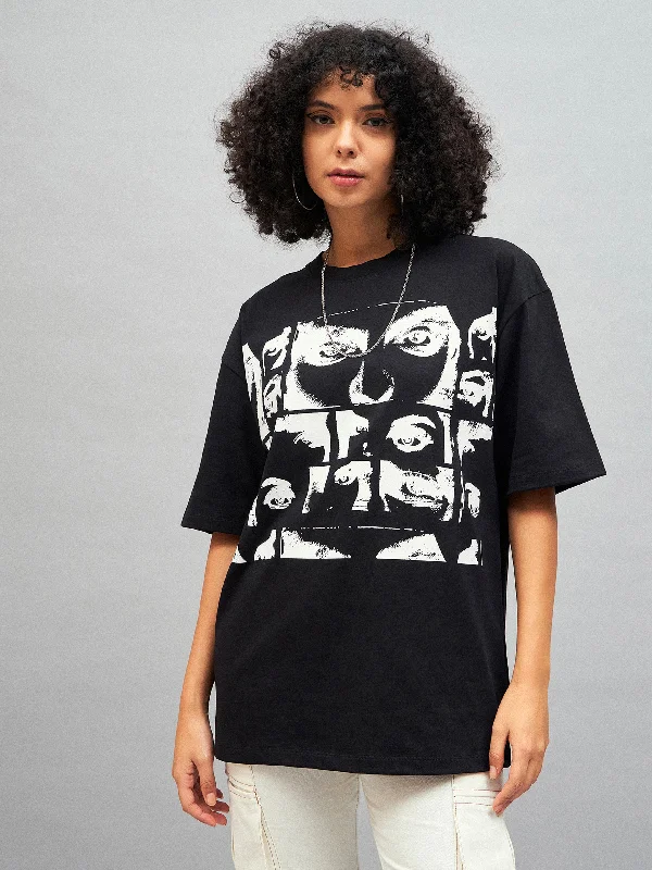 Women Black Retro Photographic Print Oversized T-shirt