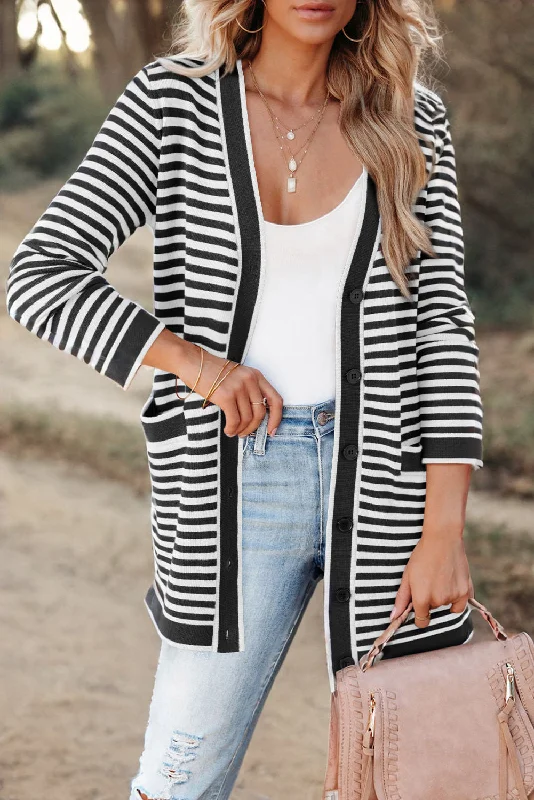 Striped Open Front Long Sleeve Cardigan