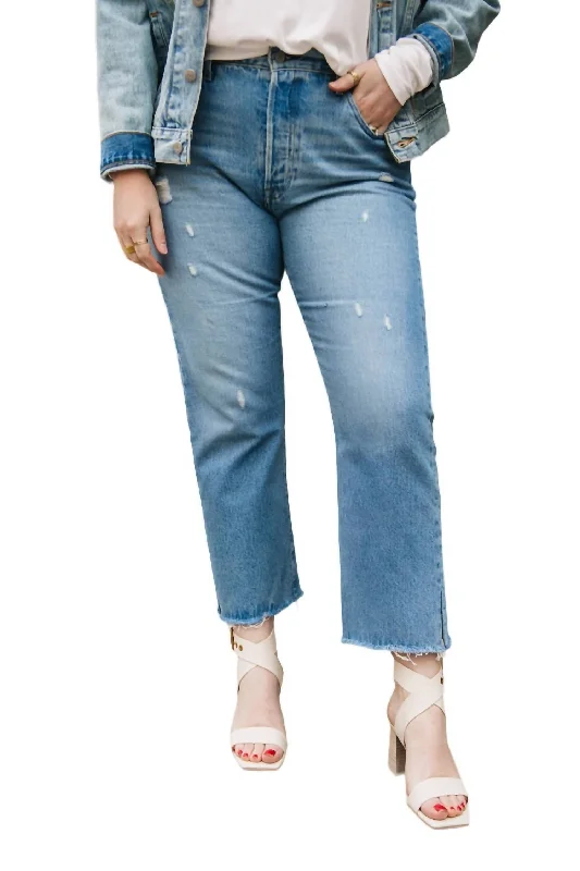 501 Straight Crop Jeans In Indigo Destructed