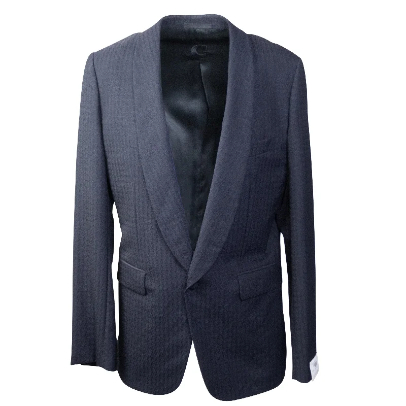 Navy Wool Houndstooth Single Breasted Blazer